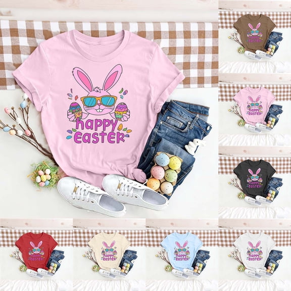Ichuanyi Women Happy Easter T Shirt Cute Easter Bunny Graphic Tee Easter Day Casual Tops Round Neck Short Sleeve T-Shirt