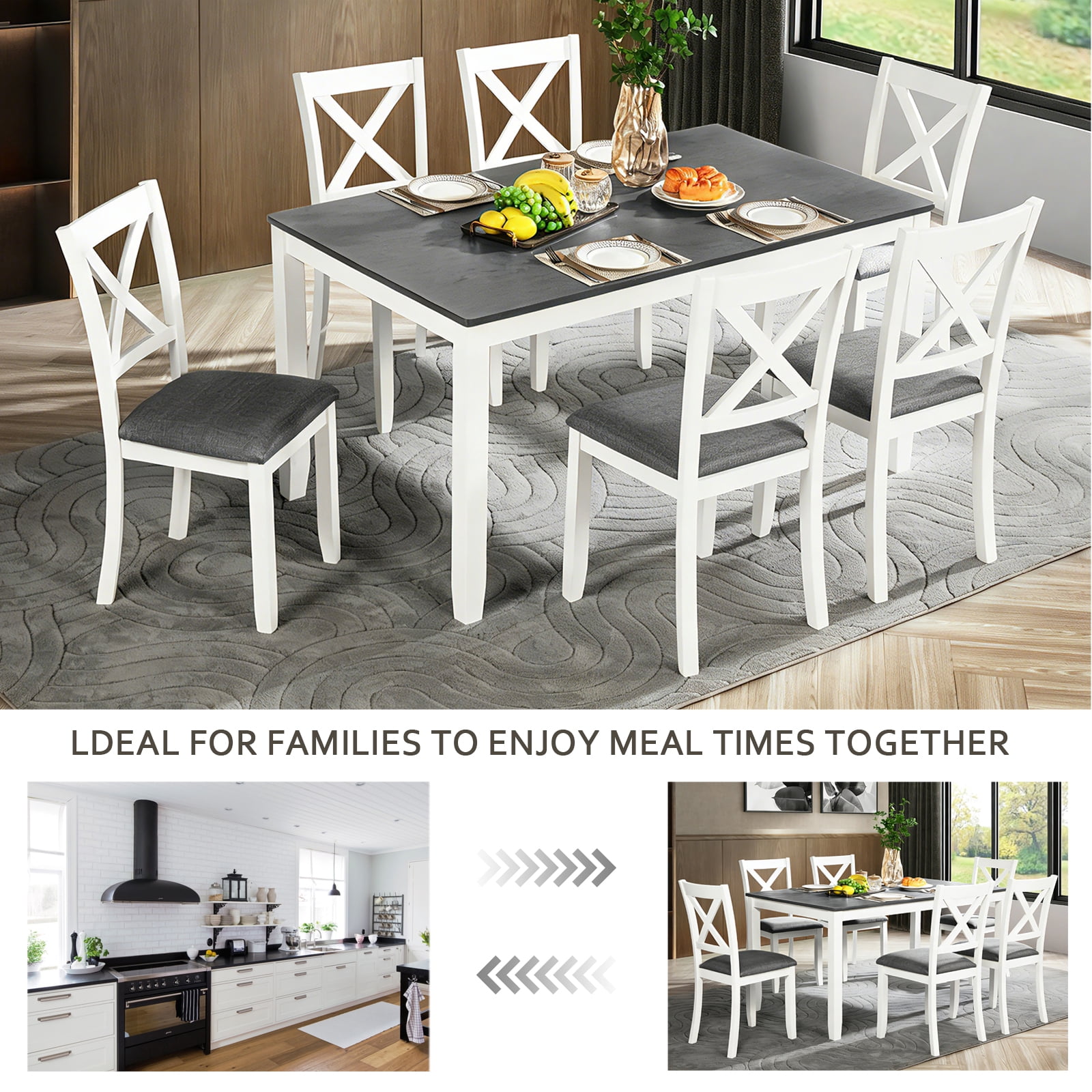 7 Piece Dining Set for 6, 58.5" Rectangular Dining Table with 6 Upholstered Chairs