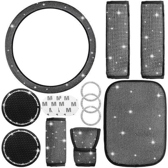 Bling Crystal Diamond Steering Wheel Cover, 11Pcs Shiny Rhinestone Sparkling Car Interior Decorations, Car Accessories for Women Girls, Universal Fit 14-15inch