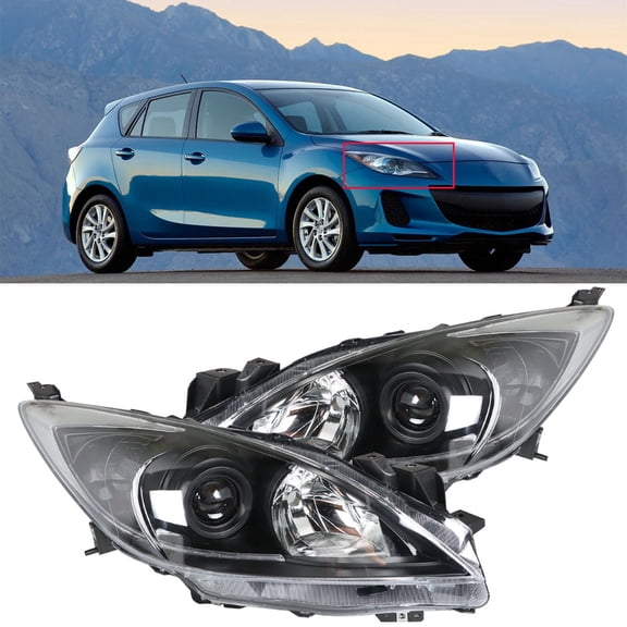 Driver & Passenger For 2010-2013 Mazda 3 Headlight Halogen Type Black Clear Lens