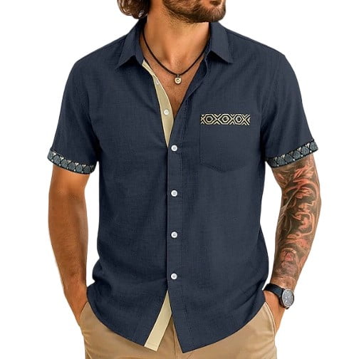 Camisas de Verano Casuales de los Hombres Impresas Camisa de Manga Corta Parchada para Hombres, Contraste Cuello Botón Arriba con Bolsillo de Pecho