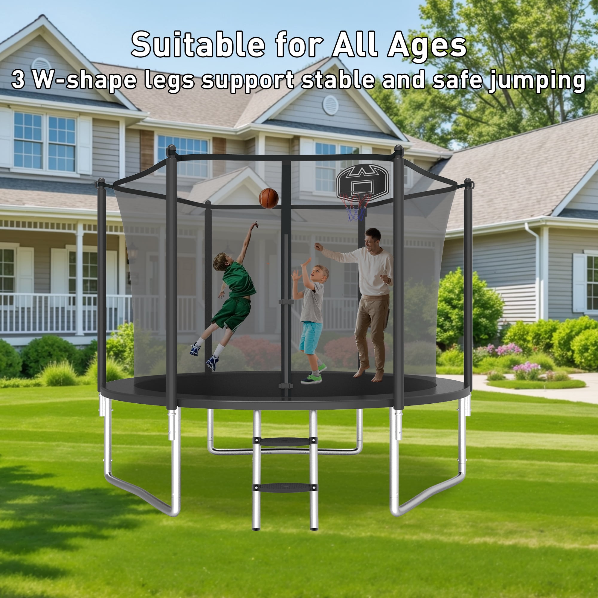 XMIKA Trampolines for Kids, 10FT 14FT 16FT Outdoor Trampolines with Safety Enclosure Net, Basketball Hoop, Lights, Sprinkler, 1000LBS Round Heavy Duty Recreational Backyard Trampoline for Adults