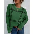 thumbnail image 2 of Checkered Knit Sweater for Women Fall Winter Casual Crew Neck Pullover Sweaters Color Block Tops Green XL, 2 of 8