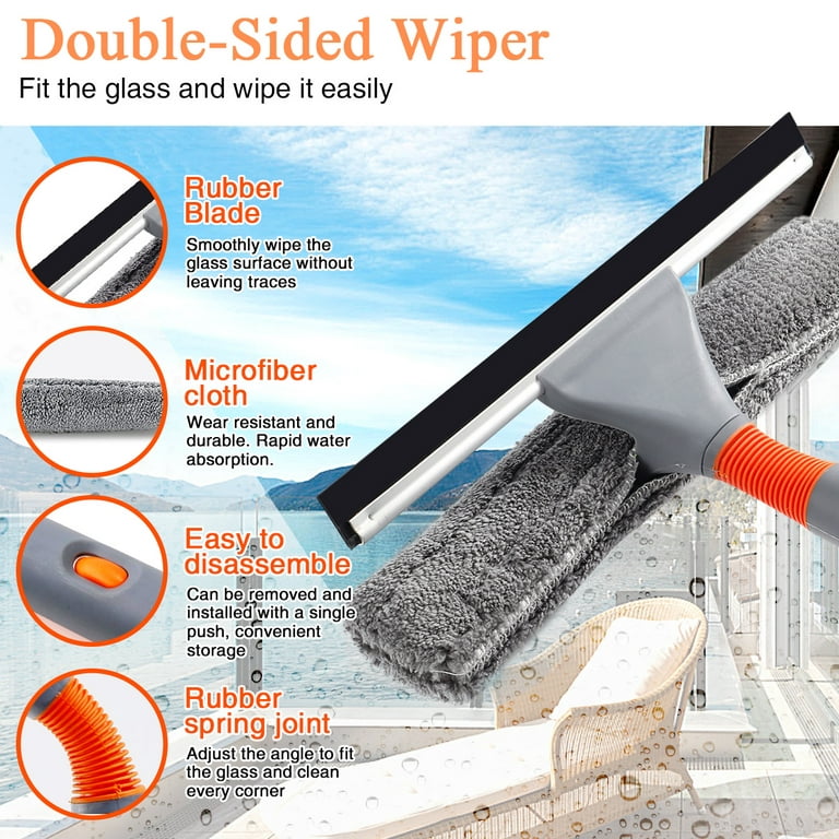 DSV Standard Professional Window Squeegee | 2-in-1 Window Cleaner Sponge and Soft Rubber Strip with Telescopic Extension Pole