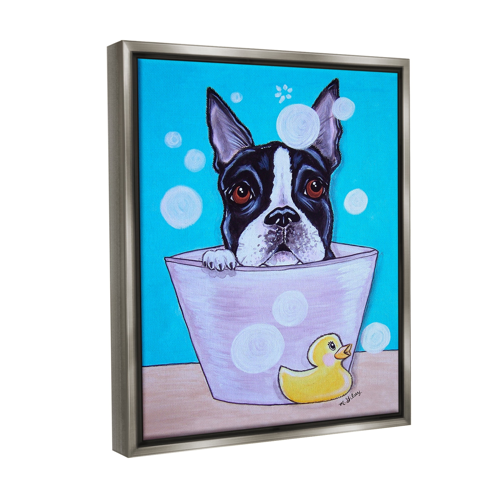 Stupell Industries Dog & Soap Bubbles Animals & Insects Painting Gray Floater Framed Canvas Art Print Wall Art, 17 x 21