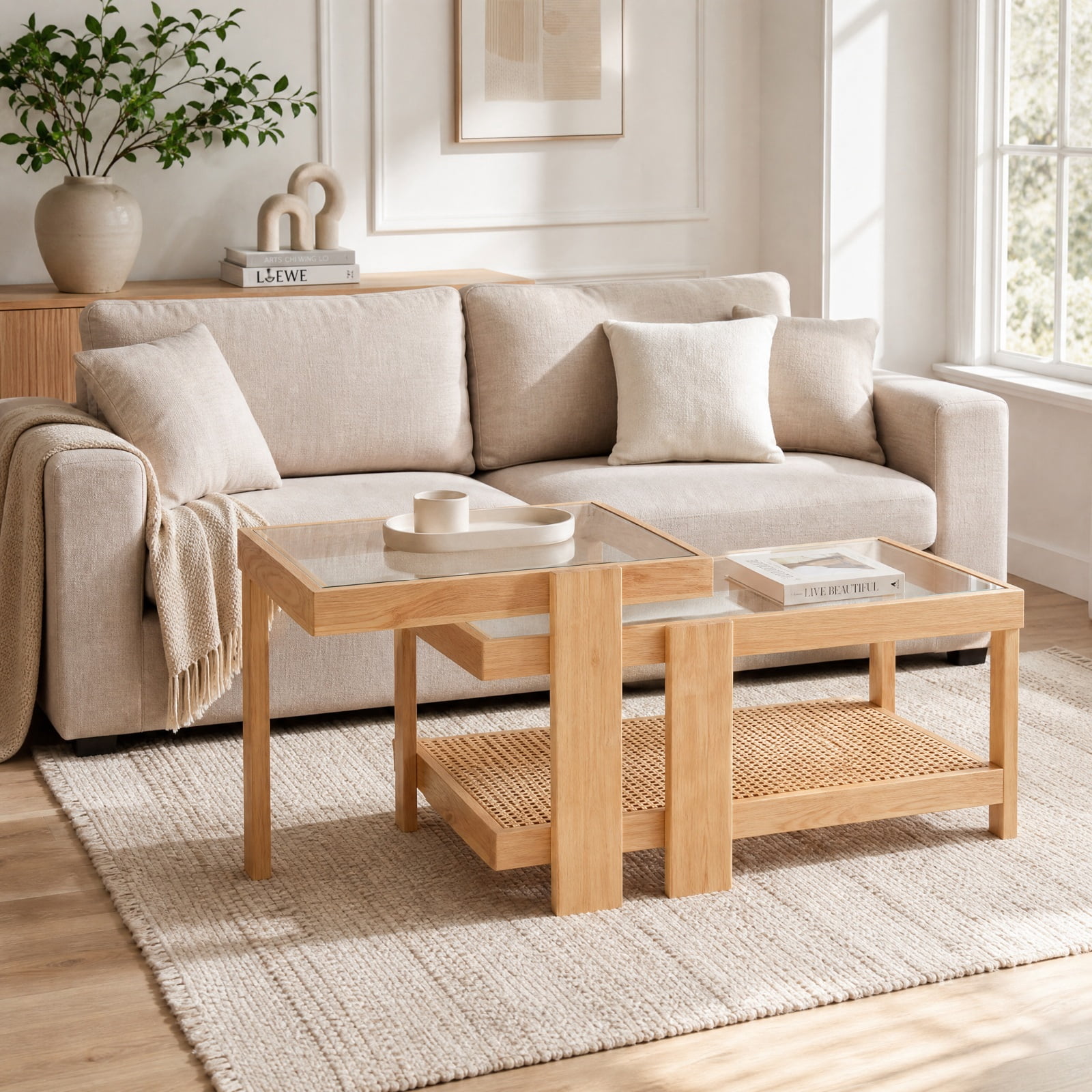 Furnibear Set of 2 Nesting Coffee Table with Tempered Glass Top and Boho Rattan Storage Shelf for Living Room for Home and Living Space, Natural