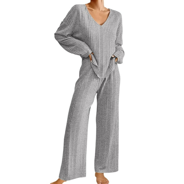 Womens Ribbed Knit Pajamas Set V Neck Long Sleeve Pj Set Matching Outfits Top And Pant Loungewear Casual Sweatsuits