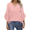 thumbnail image 2 of TODOZO 3/4 Length Sleeve Womens Tops Ruffle Sleeve Casual Flowy Tunic Tops Womens Summer Tops Blouses for Women Casual 3/4 Length Sleeve Womens Tops V Neck Tshirts Shirts with Flared Sleeve Pink M, 2 of 5
