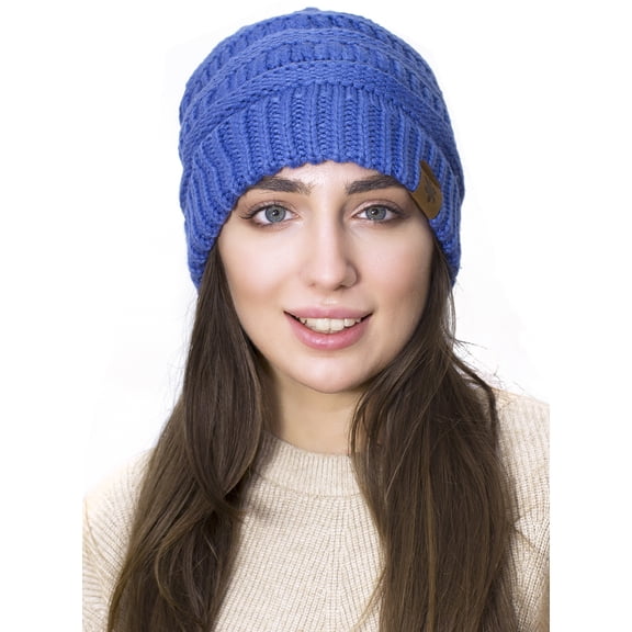 Lelaffet Female Slouchy Beanie Winter Hats Knitted Beanie Hats for Women Thick Warm Soft Chunky Cap Blue