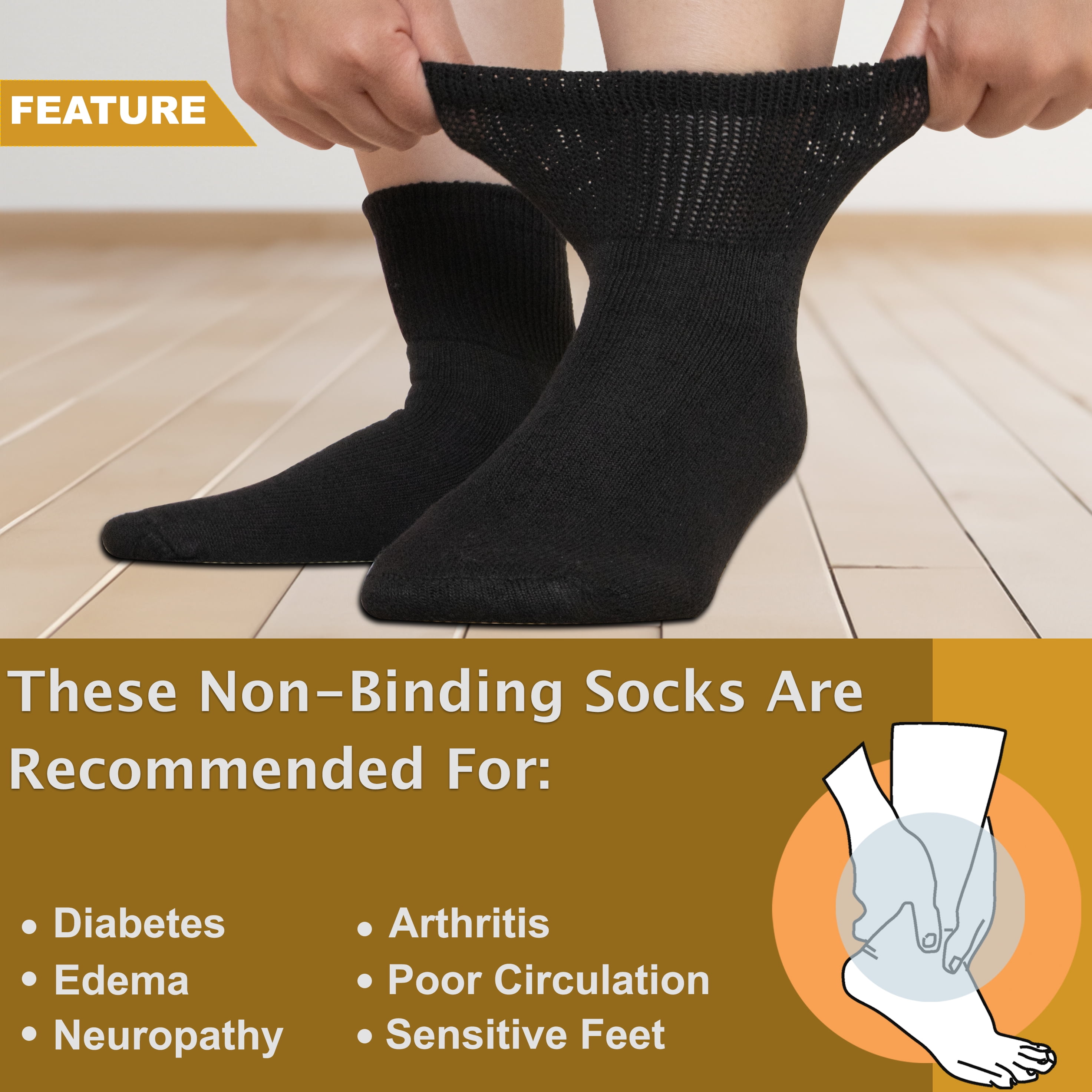 NevEND 12 Pairs Cotton Diabetic Socks Ankle for Men and Women - Non-Binding Extra Wide Neuropathy Socks Black X-Large