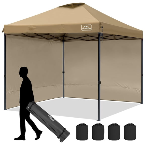 Open Box KAMPKEEPER 10x10 Pop Up Canopy w/2 Sidewalls for Outdoor Use, Khaki