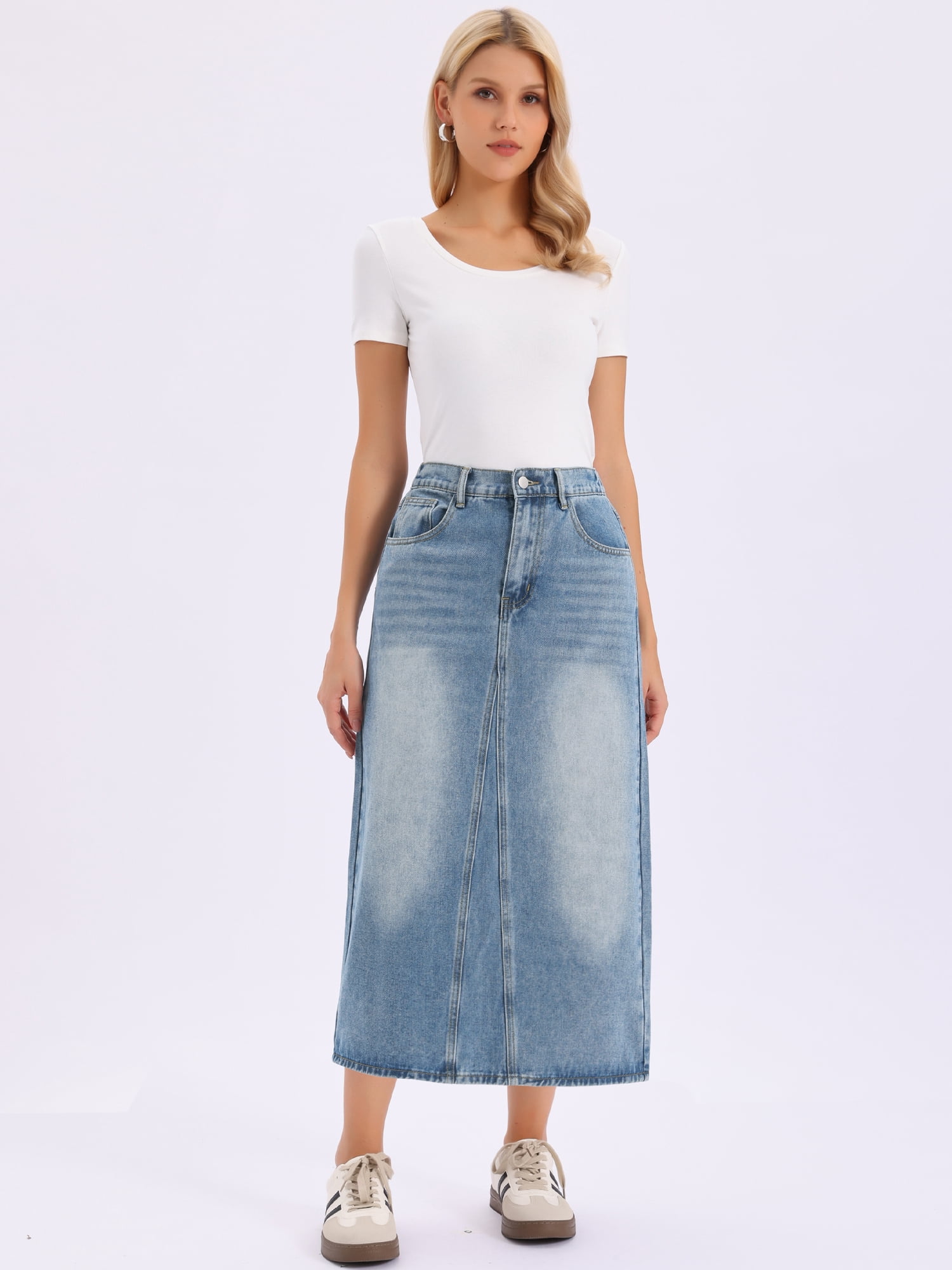 DARING DIVA Women's Elasticated Waist Washed A Line Long Jean Skirt Small Blue