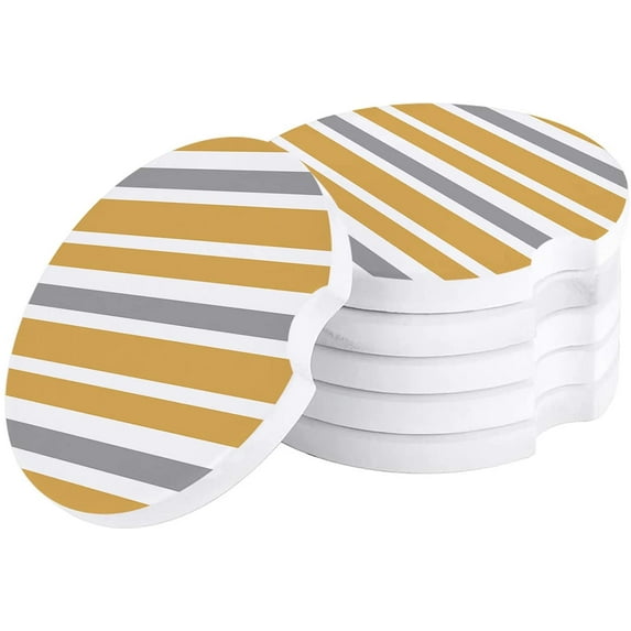 FMSHPON Orange Grey and White Stripes Set of 2 Car Coaster for Drinks, Absorbent Ceramic Stone Coasters Cup Mat with Cork Base for Home Kitchen Room Coffee Table Bar Decor