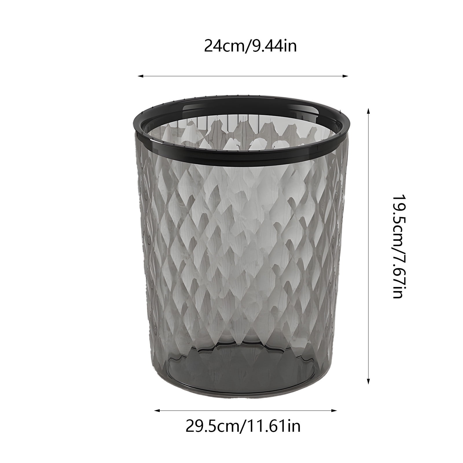 Transparent Wastebasket with Large Capacity Sturdy Trash Can for Living Room Kitchen Bathroom Bedroom Modern Slim 9.44*11.41in Includes 1 Rubbish Bin Black