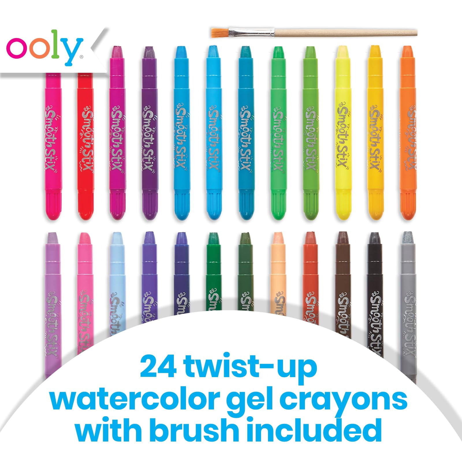 OOLY Smooth Stix, 24 Watercolor Gel Crayons for Kids, Paintbrush Included