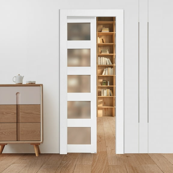 VEVOR Sliding Pocket Door, 30" x 80", 5-Lite Frosted Glass Single Sliding Door with Hardware Kit, Sturdy Solid Wood & MDF Pocket Doors Slab with Waterproof Surface for Bedroom Kitchen Study Room