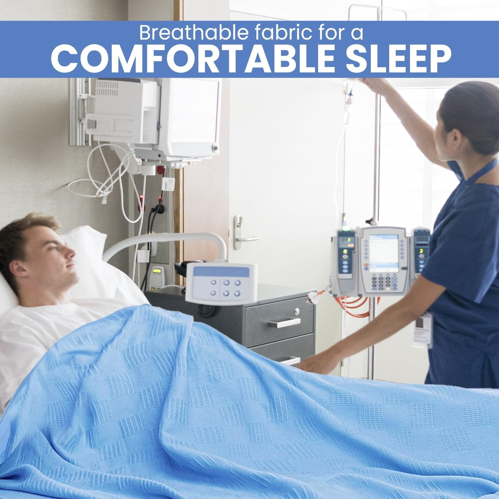 Linteum Textile Hospital Thermal SNAGLESS Spread Blanket, 100% Cotton 12-Pack (74x100 in, Blue)