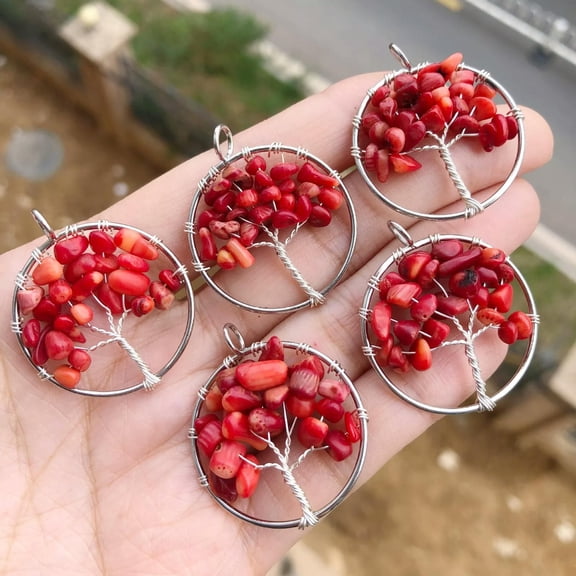 QQTDFG 5pcs Natural Red Coral stone Tree of life Pendants beads Energy Amulet D3 D1 D2-default