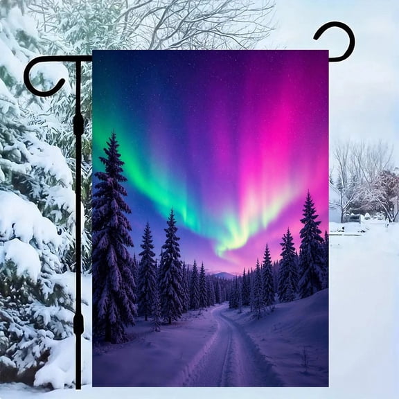 RKSupls Linen Double Sided Garden Flag, Pink Aurora Pine Forest Yard Flag Durable Wrinkle-Proof Outdoor Decor for Garden Lawn Patio and Holiday Gift