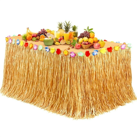 Scheam Natural Grass Table Skirt,1Pcs Plastic Fringe Decorative Streamers,Tropical Grass Table Skirt with Hibiscus Flowers,Hawaiian Beach Party Backdrop Decorations 9 Feet x 29.5 Inch