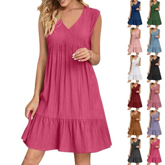 LISTHA Short Summer Dresses for Women V Neck Sleeveless Knee Length Pleated Sundresses Flowy Casual Beach Vacation Dresses Light Purple L