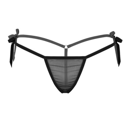 Linjinx Women s Lingerie Sheer Low Rise Tie-Side T Back G-String Micro Thong Underwear Black One Size