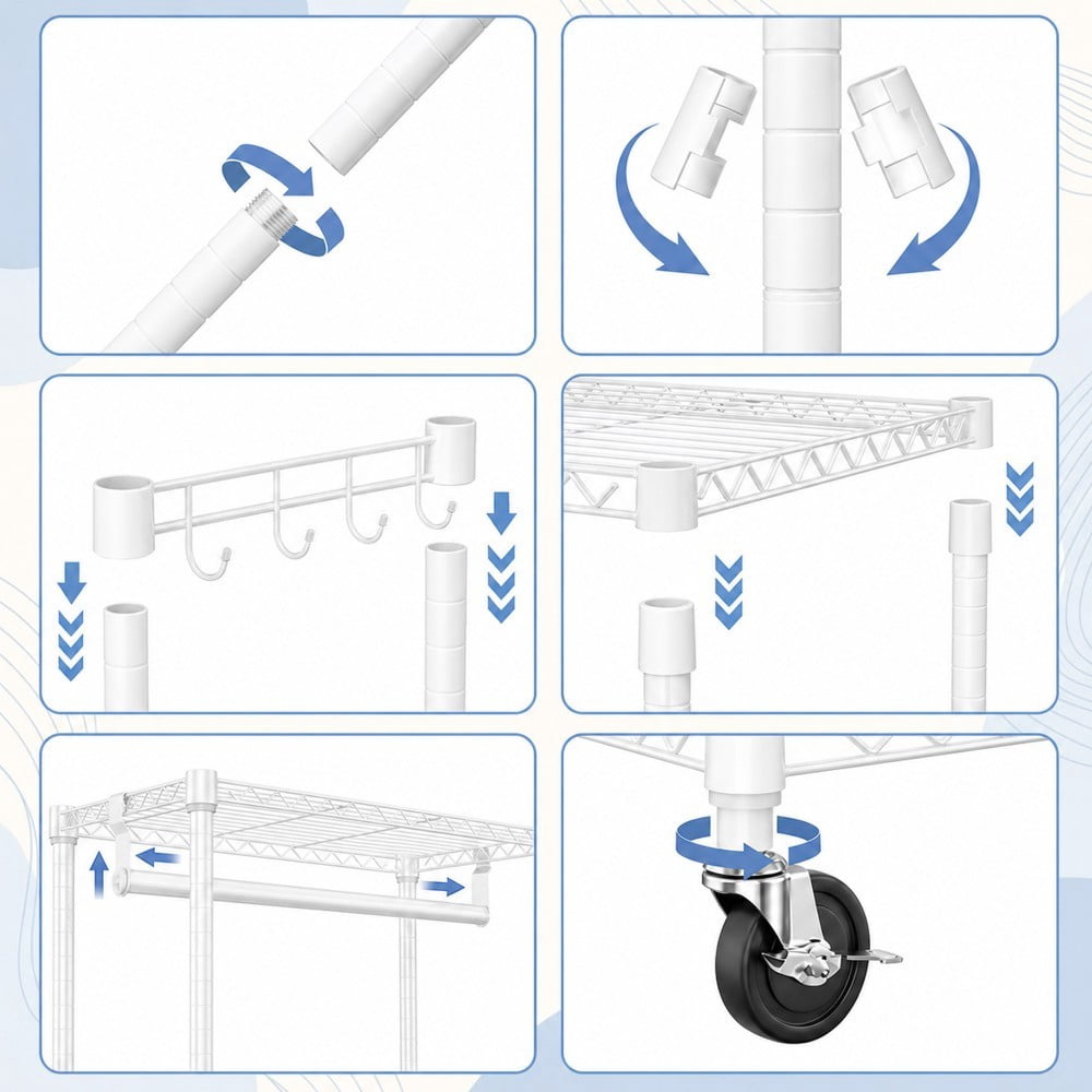 Heavy Duty Rolling Garment Rack, 3-Tier Adjustable Wire Shelving Clothes Rack with Hanging Rod, Side Hooks & Lockable Wheels, White