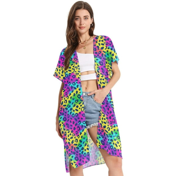 Beach Vacation Clothes Kimono Cardigan Loose Swimsuit Cover Up for Women Rainbow Color Leopard S