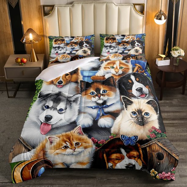 Cat Full Comforter Set for Boys Girls Kids Kawaii Bedding Cute Animal