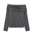 thumbnail image 3 of Suéter de punto con hombros descubiertos TRAF para mujer, suéteres cortos fruncidos, jerseys grises de otoño e invierno, jersey de mujer, top de manga larga, 3 of 5