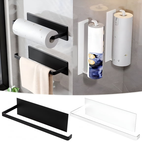 LAMIRO Adhesive Mount Towel Rack,Paper Towel Holder,No-Drill Wall Mount,Modern Bathroom Design for Small Spaces,Stylish Kitchen Storage,Easy Installation,Metal Construction for Home Use,Iron,Black