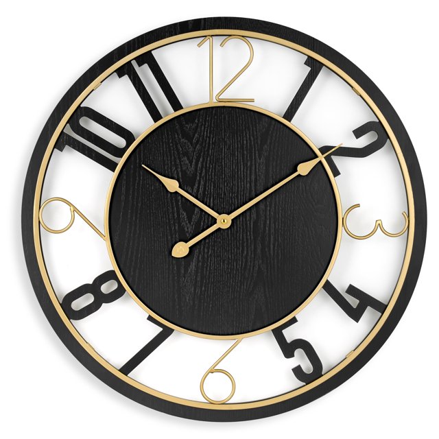 Sorbus Reloj de Pared Gran Madera Negra Contemporánea con Detalles de Metal Dorado, Decoración de Habitación Moderna.