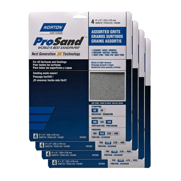 Norton 3X ProSand 16 Sheets 9 x 11 in Sandpaper 60 100 150 220 Assorted Grit
