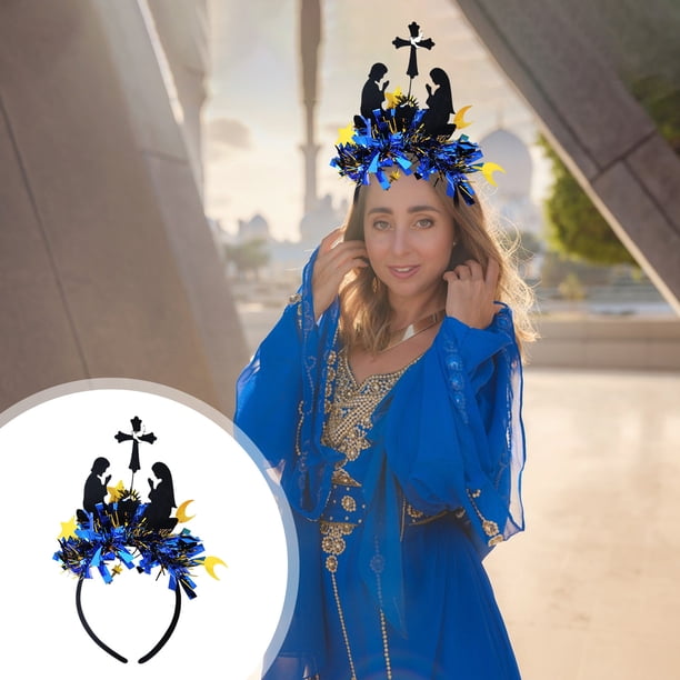 Diadema colorida para el Festival del Medio | Decoración de faroles de castillo | Accesorio para el cabello de fiesta navideña de plástico azul | Diadema decorativa de terciopelo | 1 pieza | 25x23cm