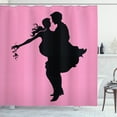 thumbnail image 1 of Engagement Party Shower Curtain, Silhouette of Dancing Flirty Embracing Couple on Dream Pink Background, Fabric Bathroom Set with Hooks, 69W X 84L Inches Extra Long, Black and Pink, by Ambesonne, 1 of 3