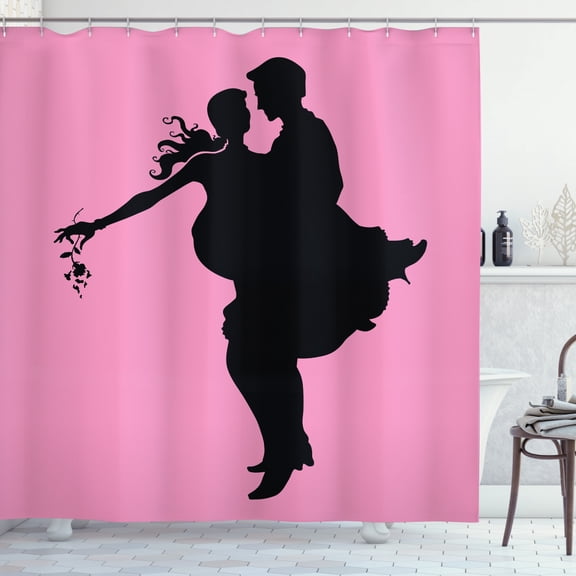 Engagement Party Shower Curtain, Silhouette of Dancing Flirty Embracing Couple on Dream Pink Background, Fabric Bathroom Set with Hooks, 69W X 75L Inches Long, Black and Pink, by Ambesonne