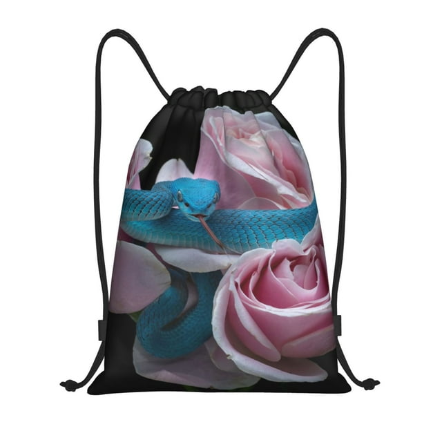 Disketp Blue Lipped Pit Viper And Three Pink Roses Print Drawstring Backpack Drawstring Gym Bags Draw String Bags for Sports, Gym, Travel, Swimming, Beach-Medium