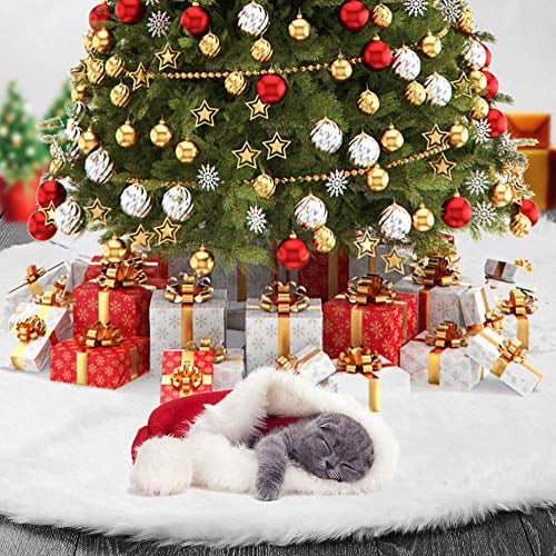 TOBEHIGHER Christmas Tree Skirt 35 Inches Snowy White Faux Fur Christmas Tree Skirt with Silver Snowy Pattern for Christmas Decorations
