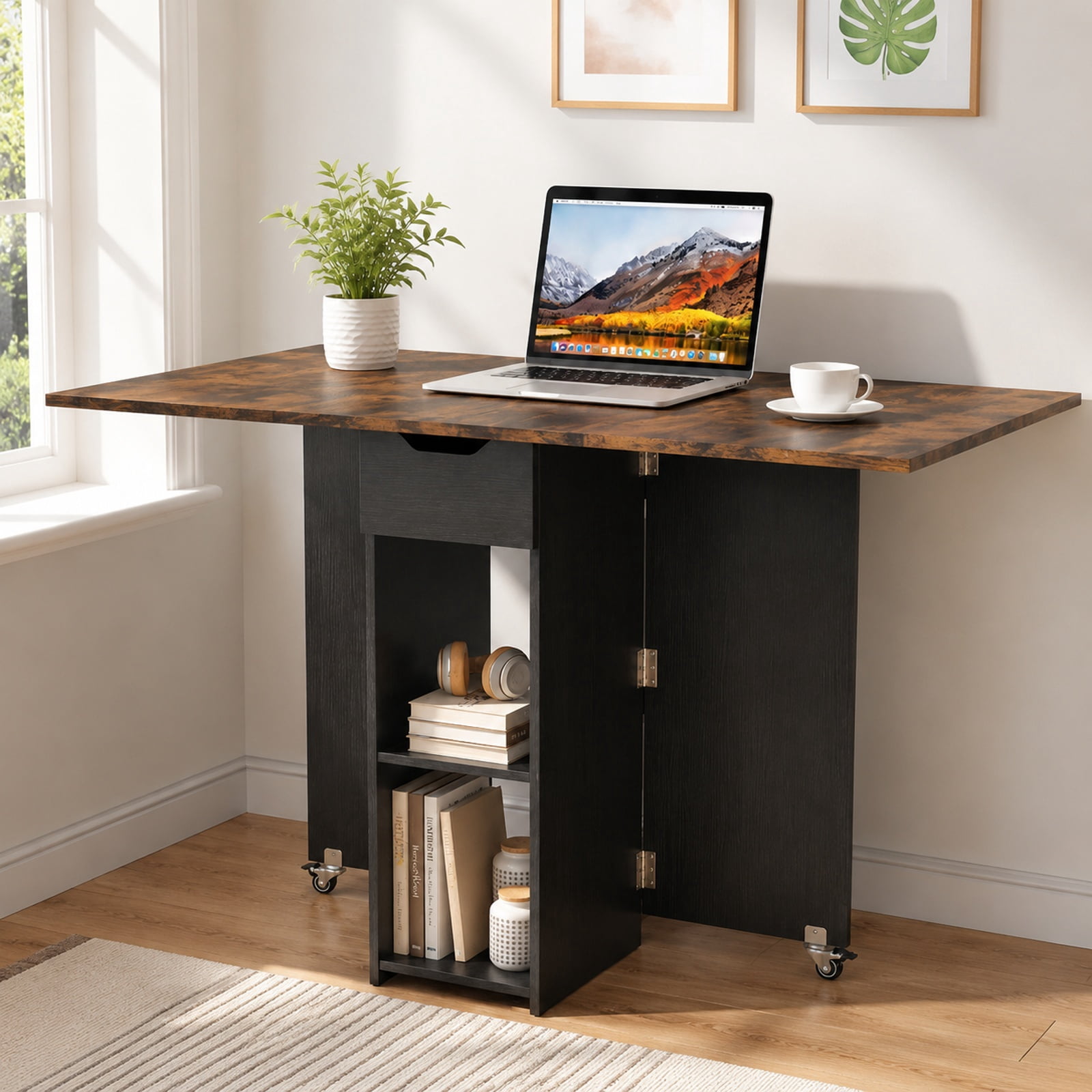 Furnibear 47.5 Inch Farmhouse Extendable Drop Leaf Dining Table with Drawer Two Shelves and Lockable Wheels for Kitchen, Rustic Brown