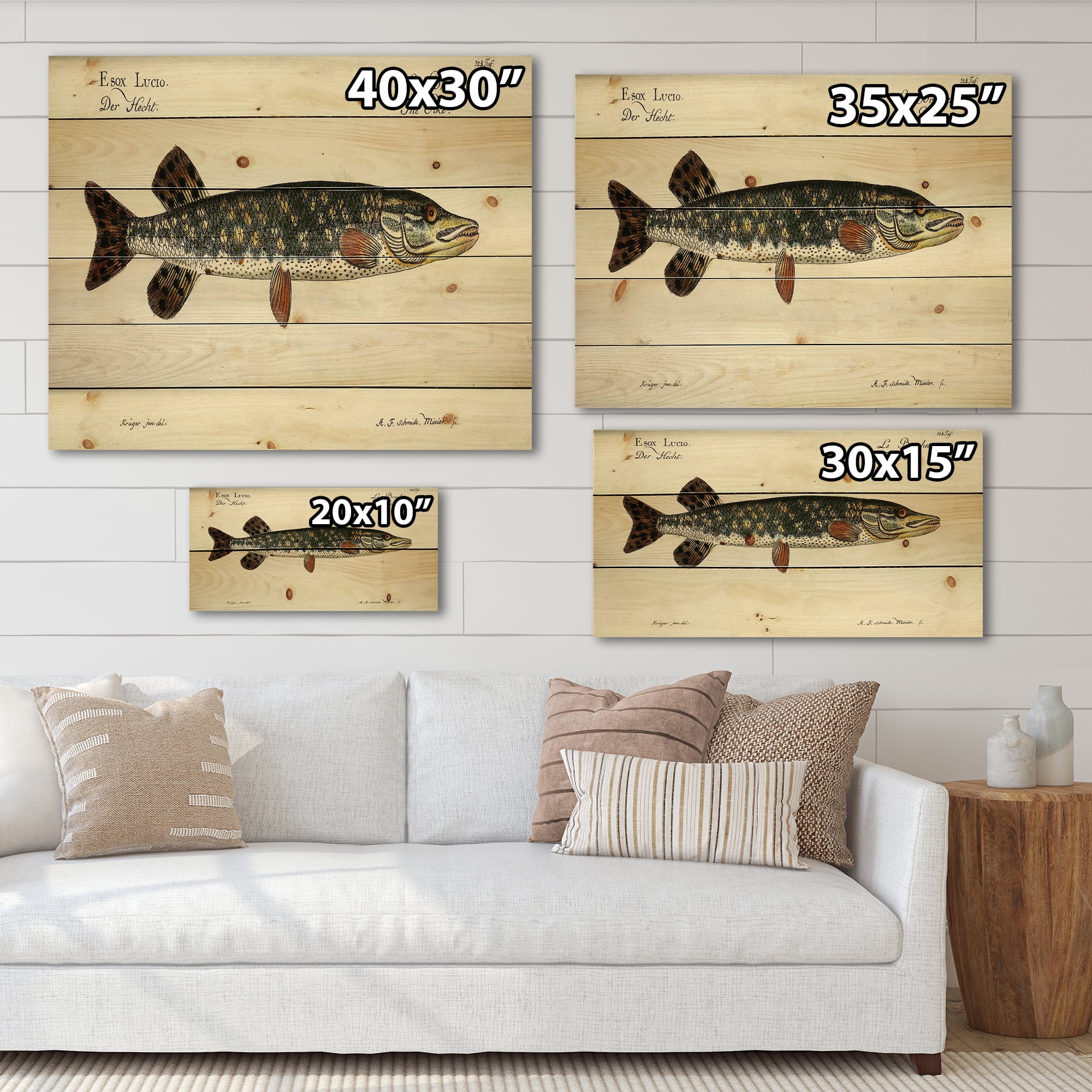 Designart 'Portrait Of A Green Fish On Beige' Nautical & Coastal Print on Natural Pine Wood