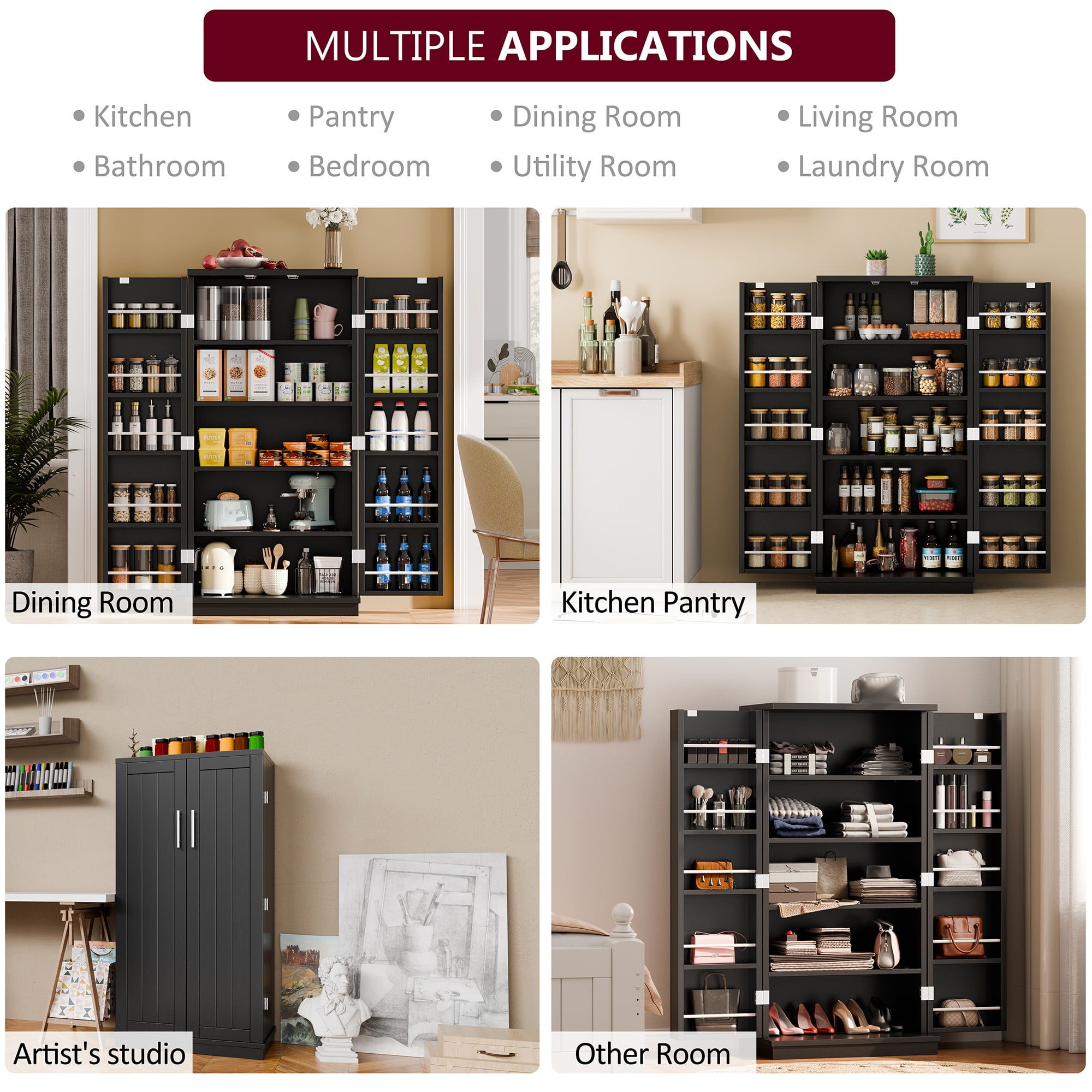 Walsunny Pantry Food Storage Cabinet 47" Free Standing Craft Cupboard with Doors Adjustable Shelves for Kitchen Entryway Dining Room Bathroom Black