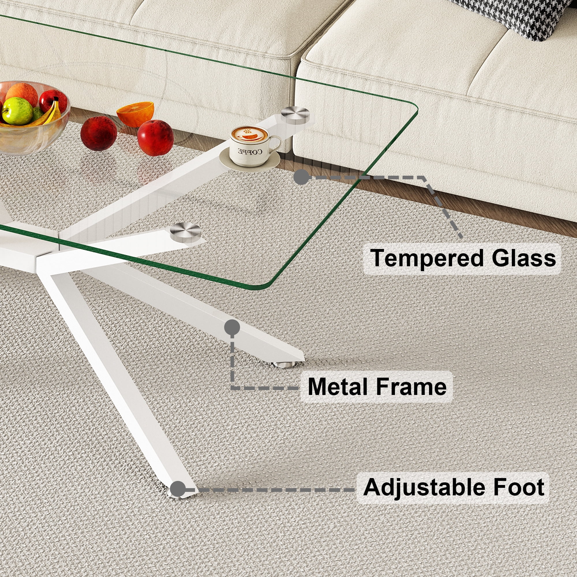 Rectangular Glass Coffee Table 39.37 Inch, Clear Tempered Glass Top with White Metal Legs for Living Room Office Center Table, Modern Minimalist Design