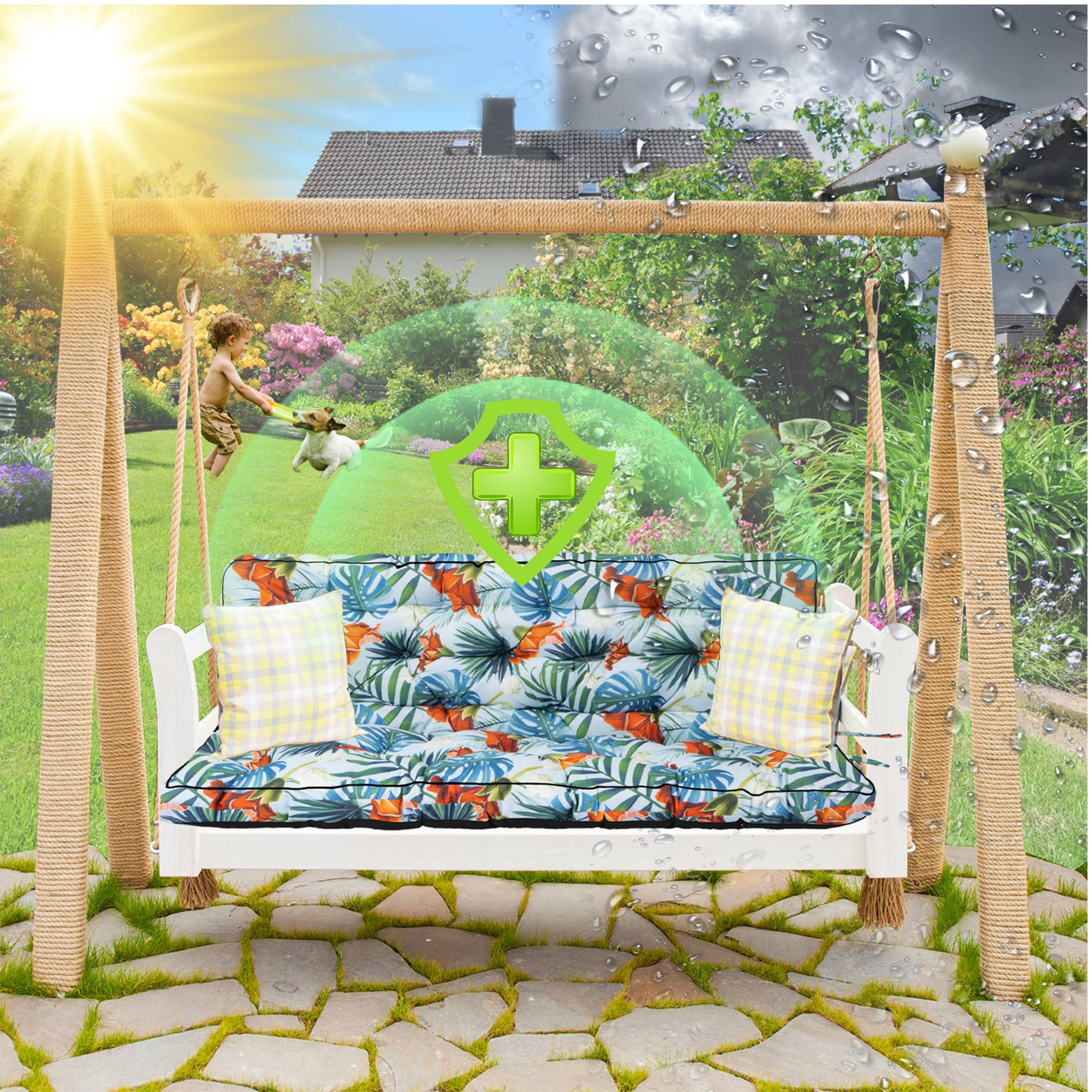 Porch Swing Cushion Thicken 4", 63" Swing Cushions 2-3 Seater Replacement, Waterproof Bench Cushions with Backrest, Anti-Fading Patio Swing Chair Pads for Outdoor Garden Furniture