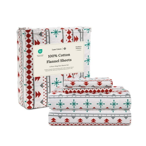 LANE LINEN 100% Cotton King Flannel Sheets Set - Brushed for Extra Softness - Lightweight & Durable Cotton Flannel King Sheets Set - Warm & Cozy Fall Bed Sheets with 15"" Deep Pocket - Snowflake Red