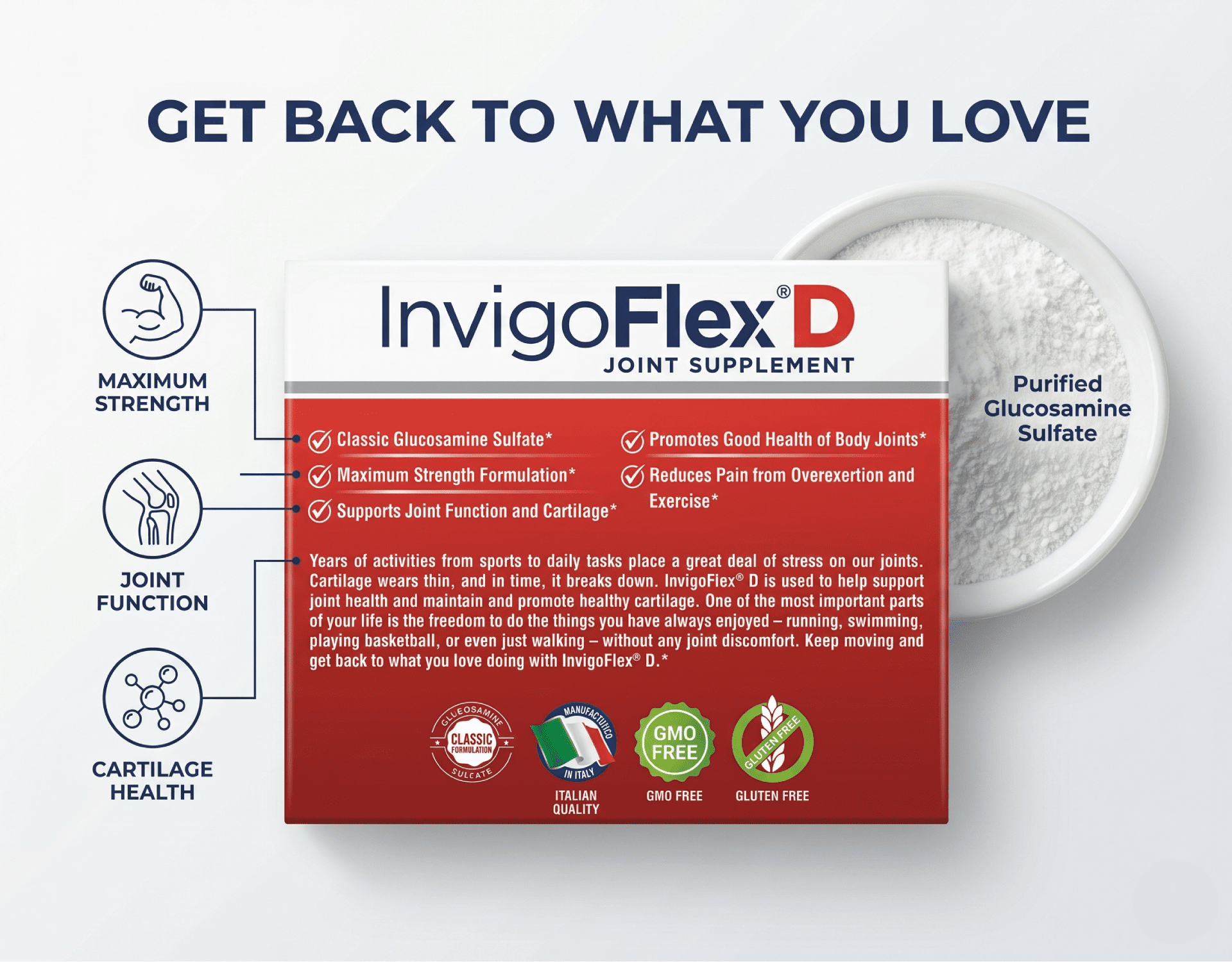 Invigoflex D 1500mg Glucosamine Sulfate Powder Packets, Joint Health Support, 30 Count 4 Pack
