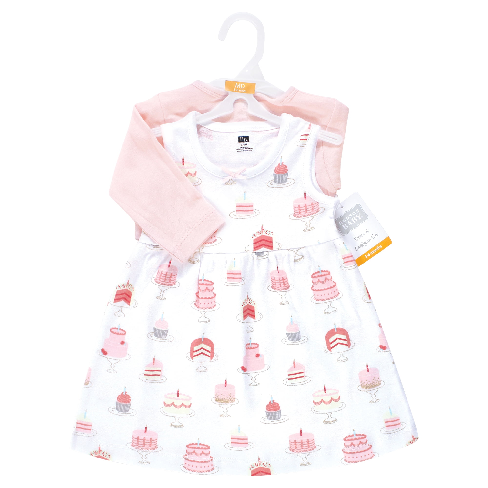 Hudson Baby Infant and Toddler Girls Cotton Dress and Cardigan Set, Birthday Cake, 3-6 Months