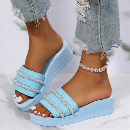 

Wedge Slide Slippers Women Ladies Outdoor Slippers Pearl Chain Soft Sole