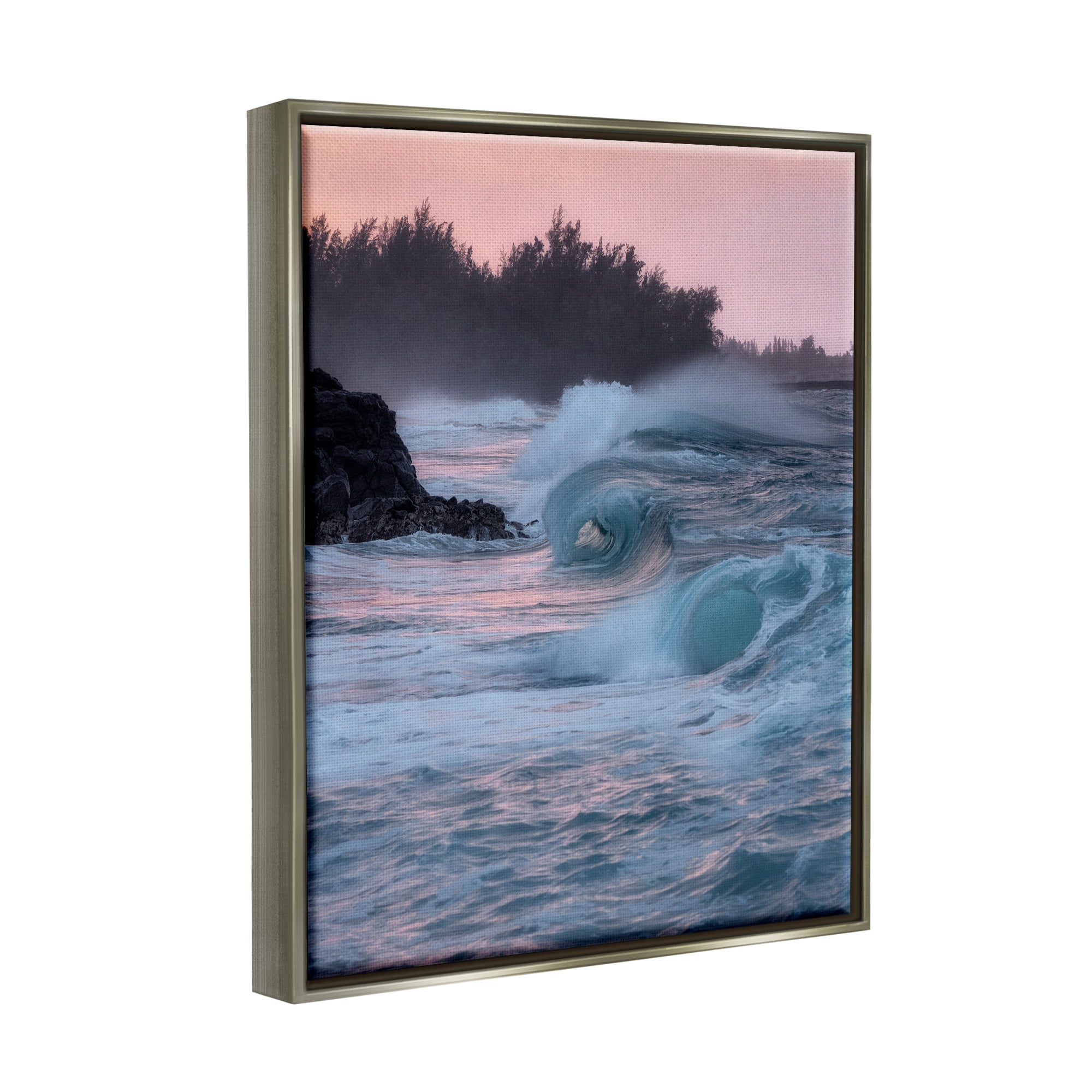 Stupell Industries Rolling Sea Waves Pink Sky Coastal Photography Gray Floater Framed Art Print Wall Art