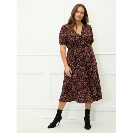 ELOQUII Elements Plus Size Floral Print Midi Dress with Tie Waist