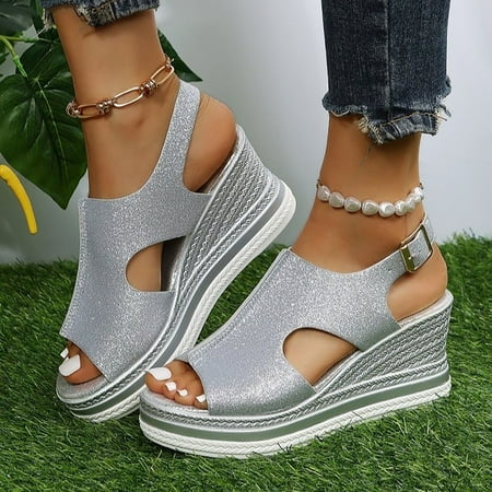 

Homedles Sandals for Women Summer New Wedge Drssy Open Toe High Heel Sandals Shoes Silver 9.5